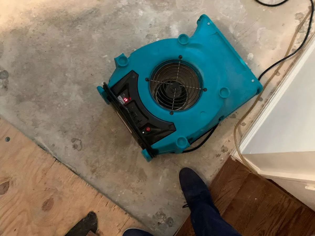 Air mover drying subfloor during Leak Detection & Repair in North Fayette